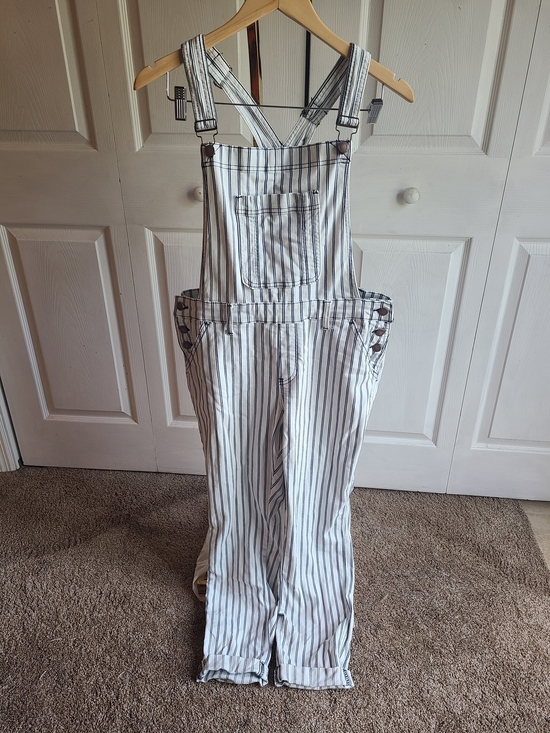 Judy Blue Pants - Judy Blue Striped Cotton Jumpsuit Overalls - White with Navy Pinstripes L